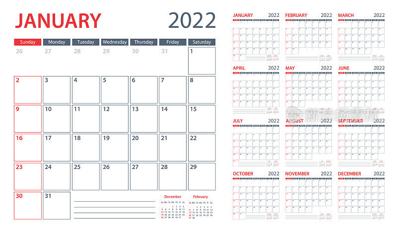 日历计划2022 -矢量模板。一周从周日开始